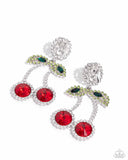 Embedded in glittery white rhinestones, various-shaped red and green rhinestones form two, vibrant cherries that swing from an exaggerated white gem post for a fantastic display of fruit. Earring attaches to a standard post fitting.  Sold as one pair of post earring