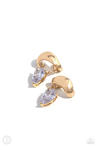 <p>Fluttering atop a pronged gold fitting, a white gem teardrop shines from the ear. Features a smooth surface for sliding ability to desired position on the ear. Due to its structure, adjusting capability is limited.</p> <p><i> Sold as one pair of cuff earrings.</i></p>