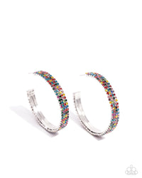 <p>Set in silver square fittings, row after row of multicolored rhinestones are embellished around a silver hoop for a dazzling design. Earring attaches to a standard post fitting. Hoop measures approximately 2" in diameter.</p> <p><i> Sold as one pair of hoop earrings.</i></p>