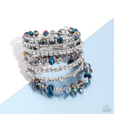 <p>Threaded along a coiled wire, silver beads, white rhinestones in silver square fittings, and oil spill, blue, silver, and transparent faceted beads curl around the wrist, creating an eye-catching, infinity wrap-style bracelet around the wrist.</p> <p><i> Sold as one individual bracelet.</i></p>