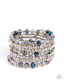 <p>Threaded along a coiled wire, silver beads, white rhinestones in silver square fittings, and oil spill, blue, silver, and transparent faceted beads curl around the wrist, creating an eye-catching, infinity wrap-style bracelet around the wrist.</p> <p><i> Sold as one individual bracelet.</i></p>